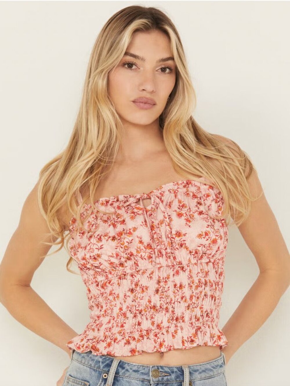 Shyanne Women's Floral Print Smocked Tie Front Top Size XS Country Peasant